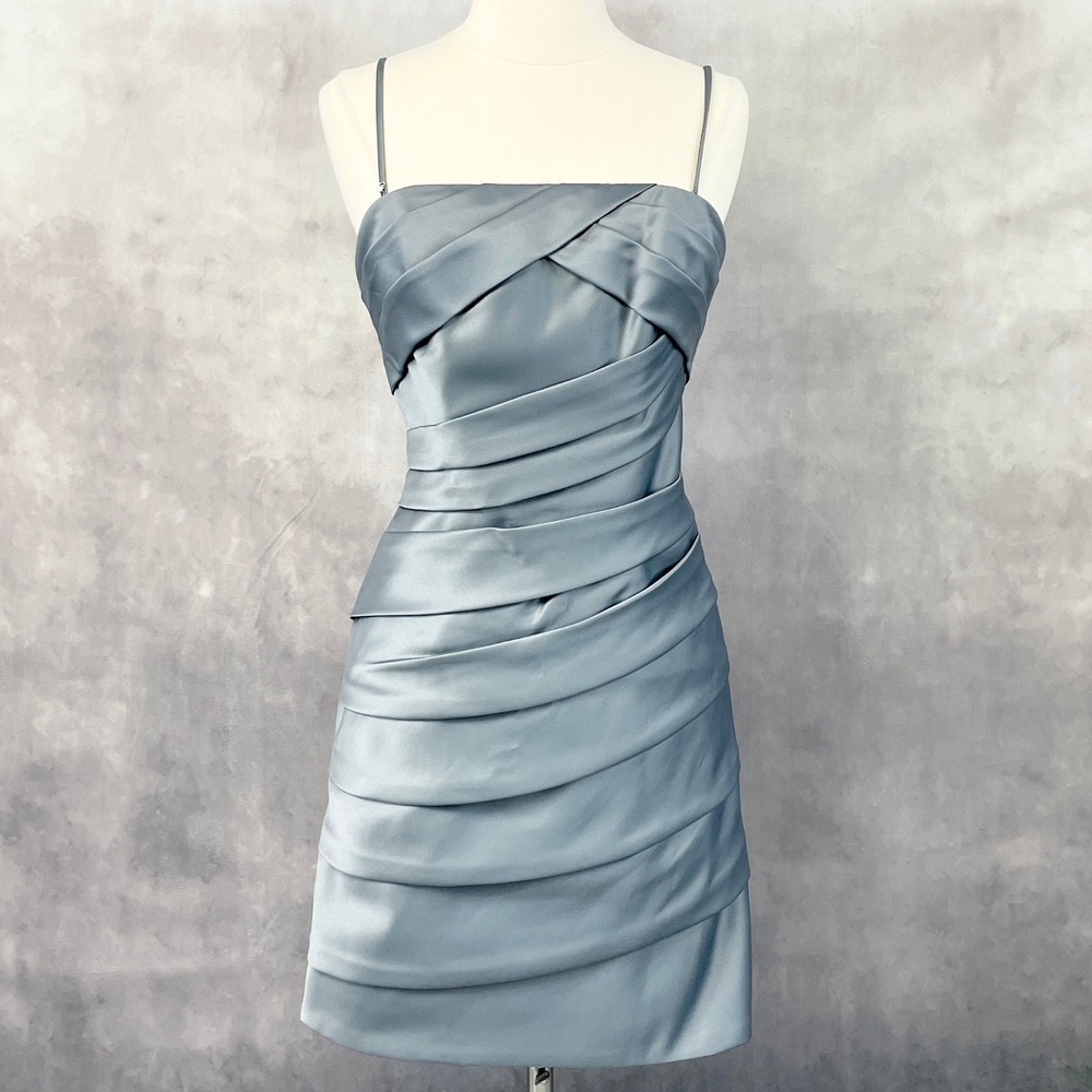 Eden Bridesmaids Cocktail Dress Womens 4 Blue Satin Ruched Formal Minimal‎ Chic